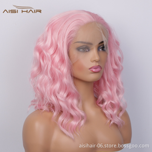 Aisi Hair Short Pink High Temperature Synthetic Lace Front Wigs For Black White Women Lace Frontal Pre Plucked Body Wave Wigs